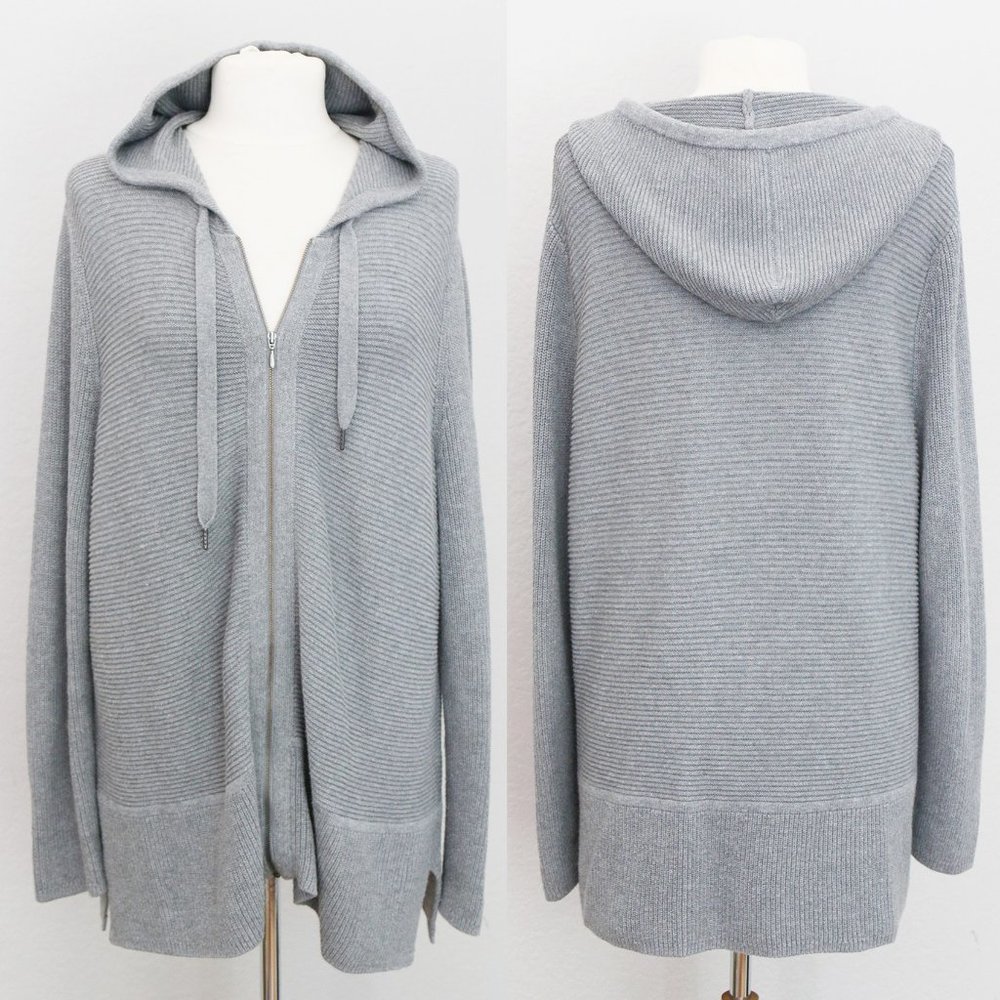 J. Jill Cotton Wool Silk Blend Hooded Full Zip Up Ribbed Knit Sweater Cardigan L